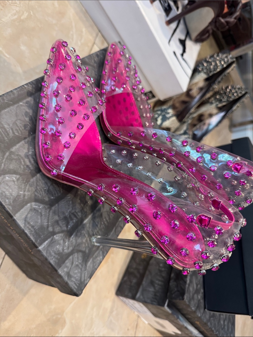 Hot Pink Crystal-Stud Pointed-Toe Heels - Picture 3 of 4